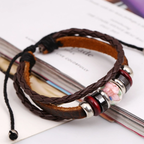 Vintage Multilayer Cowhide Leather Bracelet For Men Women Ethnic Handmade Lotus Ceramic Bead Adjustable Punk Jewelry
