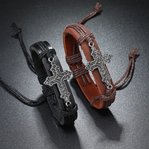 Bracelet Vintage en Cuir de Vache Tressé pour Hommes Femmes Croix Argent Réglable Bijoux Punk Faits à la Main