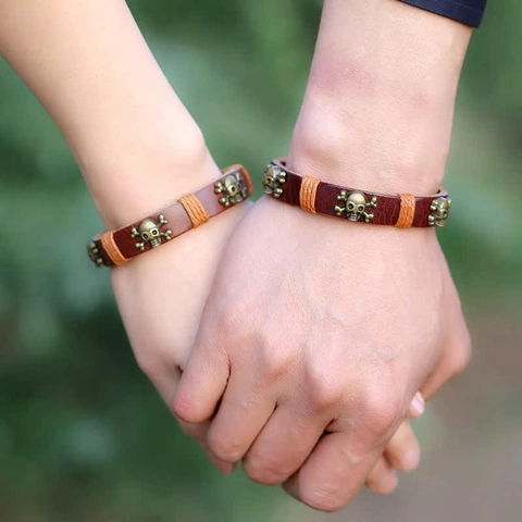 Retro Punk Leather Bracelet Set Handmade Alloy Skull Pendant Woven Bangle For Men Women Unisex Ethnic Bohemian Jewelry Gift