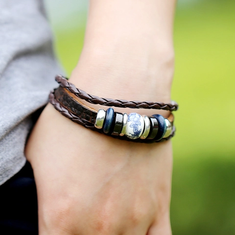 Vintage Punk Genuine Leather Braided Bracelet Blue White Porcelain Ceramic Bead Adjustable Men Women Ethnic Jewelry Bangle