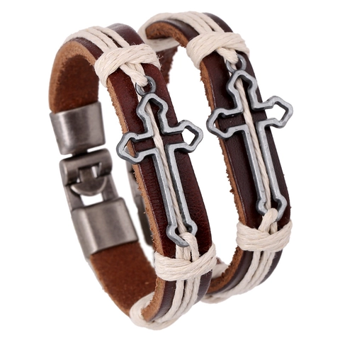 Bracciale a Croce in Pelle di Vacchetta Retro Croce in Lega Intrecciata a Mano Stile Punk Gioielli Fatti a Mano Regalo Unisex