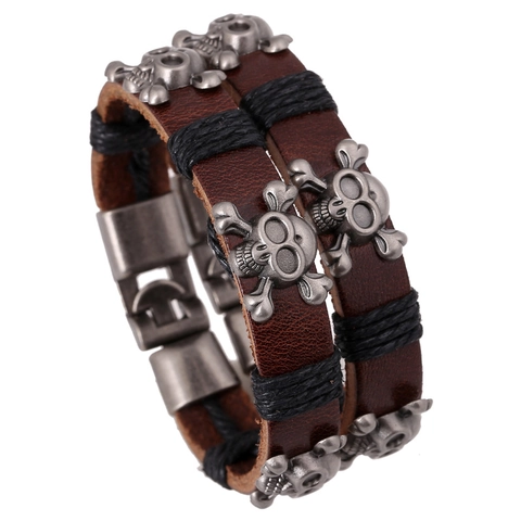 Bracelet en Cuir Véritable Rétro Punk Pour Homme Femme Cuir de Vache Alliage Squelette Bangle Bijoux Gothique Rock Cadeau