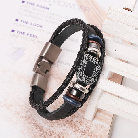 Bracciale in Pelle di Vacchetta Multistrato Retro Stile Punk Ciondolo in Lega Polsino Intrecciato a Fascia Per Uomo Donna