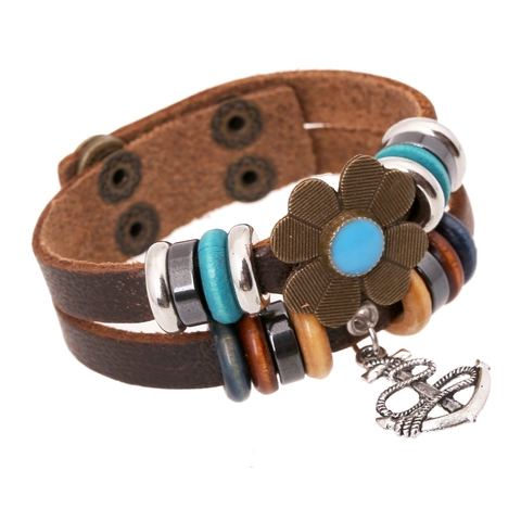 Vintage Punk Multi-layer Genuine Leather Bracelet For Men Women Handmade Bohemian Anchor Flower Pendant Adjustable Bangle Jewelry