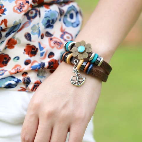 Vintage Punk Multi-layer Genuine Leather Bracelet For Men Women Handmade Bohemian Anchor Flower Pendant Adjustable Bangle Jewelry