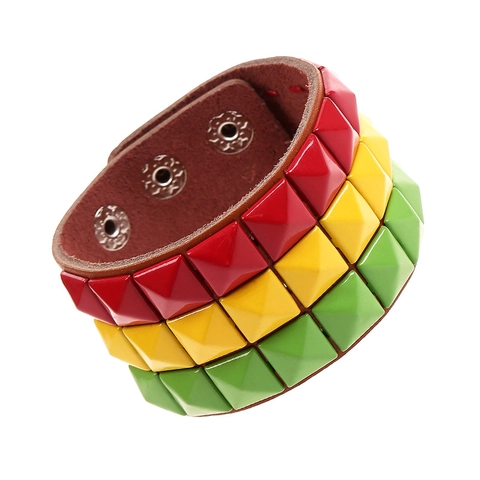 Handmade Jamaica Flag Color Red Yellow Green Pyramid Studded Wide Leather Cuff Bracelet Rock Punk Cowhide Wristband Men Women