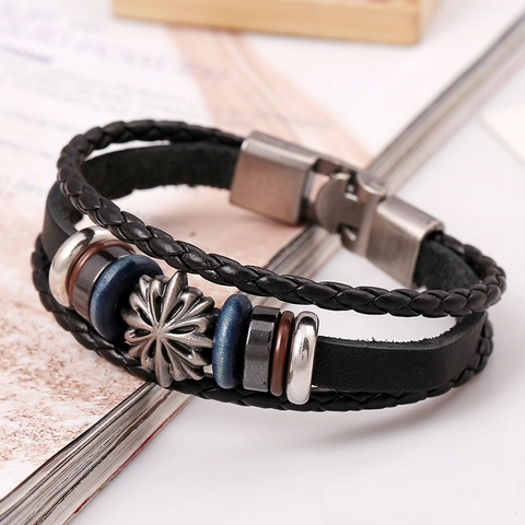 Men Vintage Multi-Layer Braided Genuine Cowhide Leather Bracelet Punk Alloy Flower Charm Retro Bohemian Jewelry For Daily