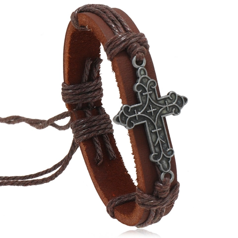 Bracelet Vintage en Cuir de Vache Tressé pour Hommes Femmes Croix Argent Réglable Bijoux Punk Faits à la Main