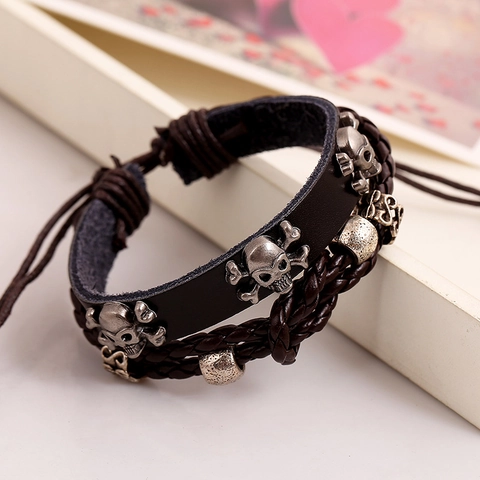 Punk Rock Men Cowhide Leather Bracelet With Alloy Skull Studs Multi-Layer Braided Rope Adjustable Wristband Jewelry