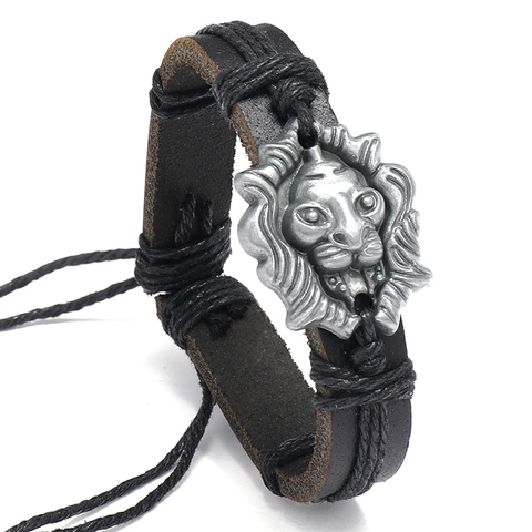 Retro Löwenkopf Herren Armband Vintage Punk Handgewebt Rindsleder Legierung Hanfseil Einstellbar Punk Rock Herren Schmuck