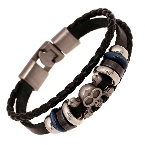 Punk Retro Handmade Cowhide Leather Bracelet For Men Women Multilayer Braided Skull Crossbones Alloy Charm Jewelry