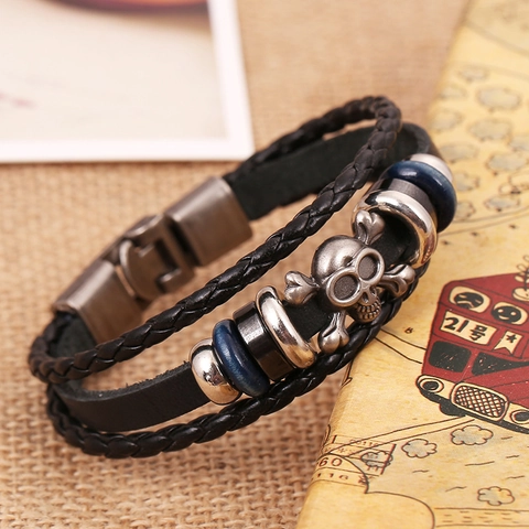 Punk Retro Handmade Cowhide Leather Bracelet For Men Women Multilayer Braided Skull Crossbones Alloy Charm Jewelry