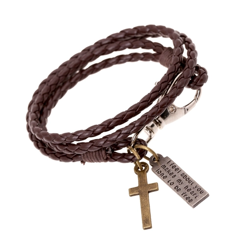 Vintage Punk PU Leder Geflochtenes Mehrlagiges Wickelarmband Mit Legierung Kreuz Anhänger Und Gravierter Metallplatte Unisex Schmuck