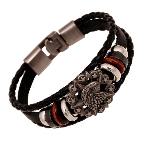 Bracciale Vintage in Pelle di Vacchetta Intrecciata a Più Strati da Uomo Punk Rock Testa d'Aquila Lega Perline Gioielli Artigianali