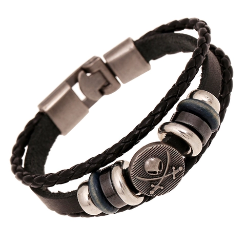 Punk Retro Multilayer Cowhide Leather Bracelet Handmade Braided Cord With Skull Cross Sword Charm Constellation Zodiac Jewelry Gift