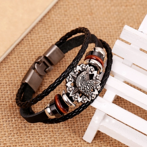 Bracciale Vintage in Pelle di Vacchetta Intrecciata a Più Strati da Uomo Punk Rock Testa d'Aquila Lega Perline Gioielli Artigianali