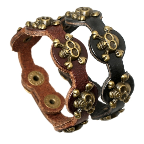 Punk Echtes Rindsleder Totenkopf Armband Für Herren Retro Rock Verstellbar Legierung Biker Armreif Handschmuck Geschenk