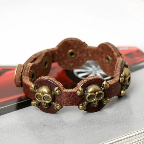 Punk Echtes Rindsleder Totenkopf Armband Für Herren Retro Rock Verstellbar Legierung Biker Armreif Handschmuck Geschenk