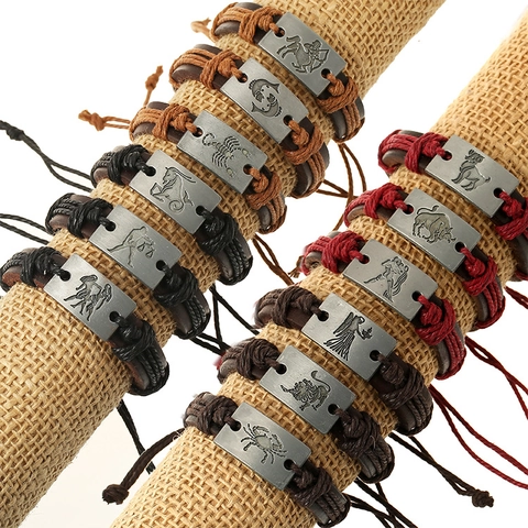Vintage Tierkreiszeichen Leder Armband Set Rindsleder Legierung Handgeflochten Retro Punk Verstellbarer Schmuck Für Herren Damen