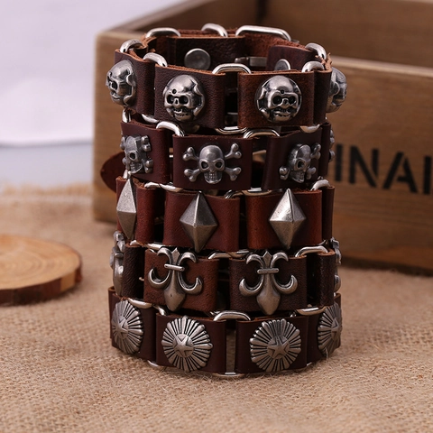 Vintage Punk Genuine Cowhide Leather Bracelet For Men Women Adjustable Wide Studded Cuff Bracelet Retro Rock Biker Jewelry Brown