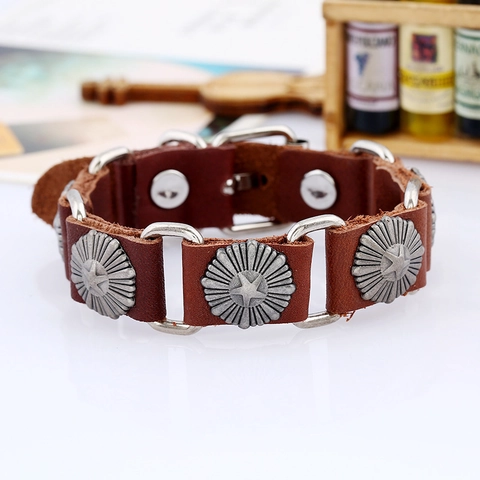 Vintage Punk Rock Heren Leren Armband Pentagram Ster Studs Verstelbare Rundleer Legering Biker Polsband Sieraden