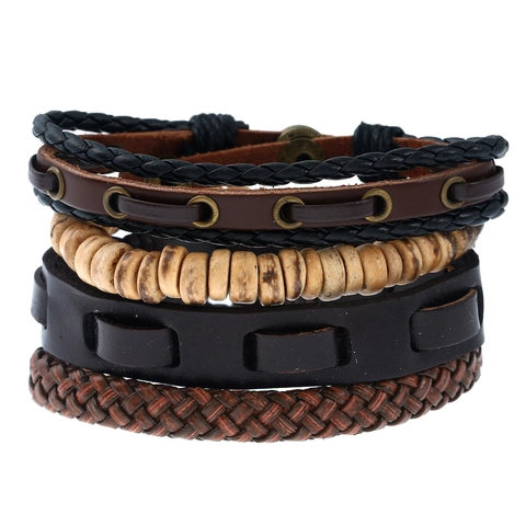 Vintage Men Cowhide Leather Bracelet Set Multilayer Woven Rope Coconut Shell Wood Beads Bohemian Punk Adjustable Jewelry Gift