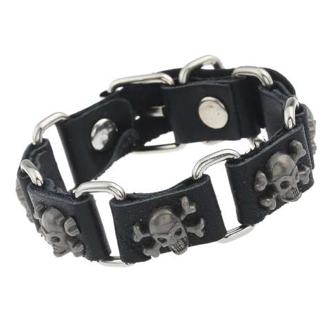 Bracciale da Uomo Punk con Teschio in Pelle di Vacca Lega Metallo Vintage Rock Streetwear Gothic Regolabile Gioielli