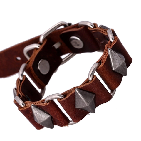 Vintage Punk Genuine Cowhide Leather Bracelet For Men Women Adjustable Wide Studded Cuff Bracelet Retro Rock Biker Jewelry Brown