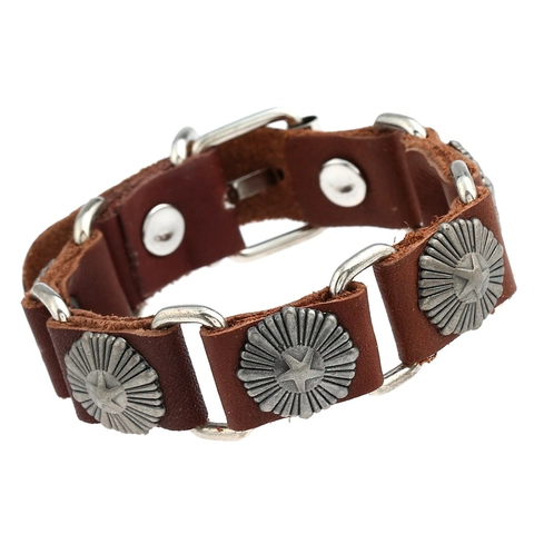 Vintage Punk Rock Heren Leren Armband Pentagram Ster Studs Verstelbare Rundleer Legering Biker Polsband Sieraden