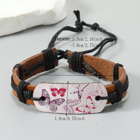 Bracciale in Pelle Intrecciata a Mano con Stampa Farfalla Retrò Regolabile in Pelle di Vacchetta Corda di Canapa Donna
