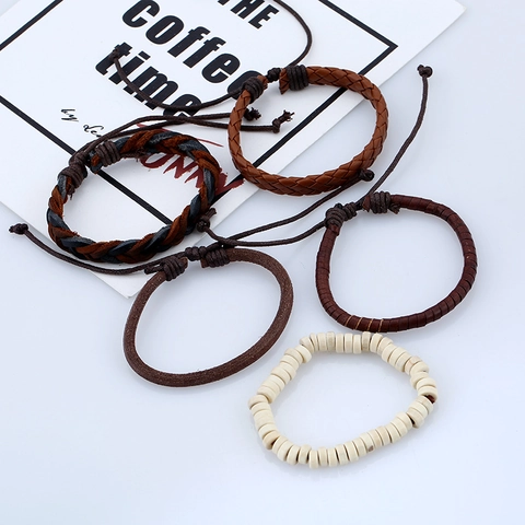 Bracelet en Cuir Tressé Vintage pour Homme Multicouche en Cuir de Vachette DIY Cordon Tissé Perles en Bois Bracelet pour Hommes Bijoux Retro Cadeau