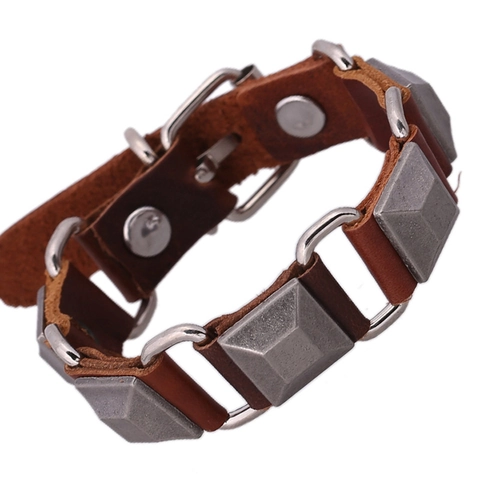 Pulsera de Cuero Genuino Vintage Punk para Hombre Mujer Aleación Pirámide Remache Ancho Brazalete Ajustable Joyería Retro