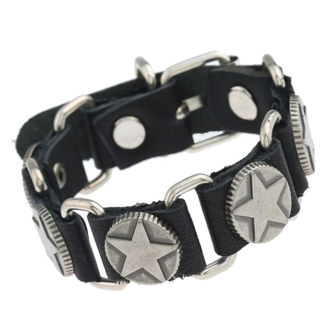 Pulsera de Cuero de Vaca Punk Rock para Hombre Estrella Vintage de Aleación de Cinco Puntas con Remaches Ajustable Joyería