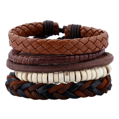 Bracelet en Cuir Tressé Vintage pour Homme Multicouche en Cuir de Vachette DIY Cordon Tissé Perles en Bois Bracelet pour Hommes Bijoux Retro Cadeau