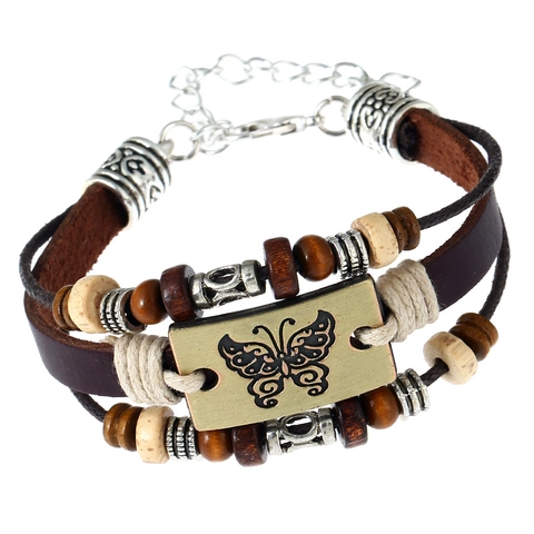 Punk Cowhide Leather Butterfly Charm Bracelet Hand-Beaded Multi-Layer Braided Wrap Bracelet For Men Women Vintage Alloy Jewelry