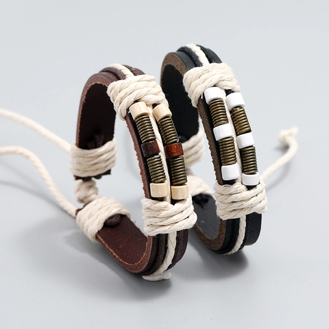 Handmade Braided Cowhide Leather Bracelet For Men Women Vintage Ethnic Style Hemp Rope Alloy Charm Adjustable Wristband Jewelry