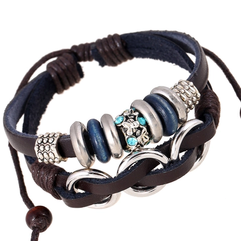 Vintage Punk Multilayer Braided Leather Bracelet For Men Women Retro Alloy Rhinestone Beaded Wrap Wristband Bohemian Fashion Jewelry