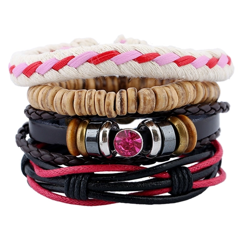 Set di Bracciali Multistrato in Pelle Intrecciata Vintage per Uomo Donna Stile Boho Punk con Accenti di Strass Gioielli