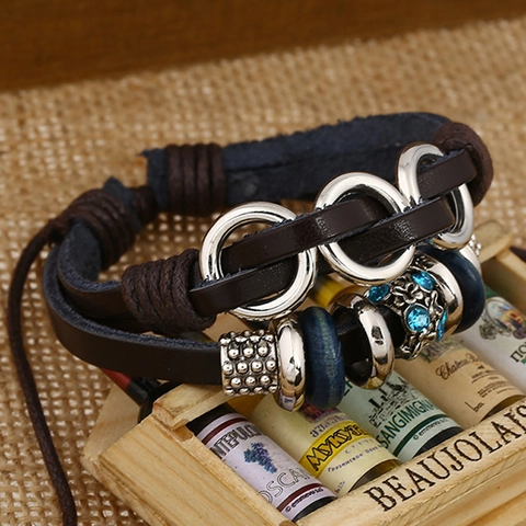 Vintage Punk Multilayer Braided Leather Bracelet For Men Women Retro Alloy Rhinestone Beaded Wrap Wristband Bohemian Fashion Jewelry
