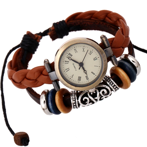 Reloj de Pulsera de Cuero Vintage para Mujeres Hombres Correa Trenzada Reloj de Cuarzo con Números Romanos Cuentas de Madera