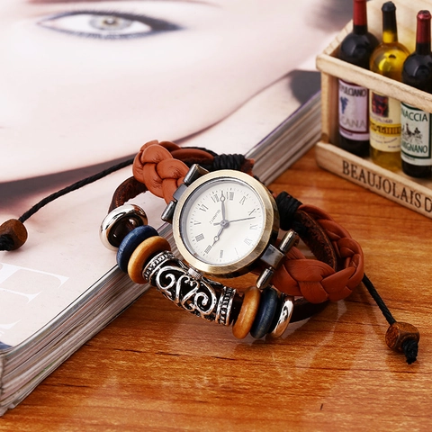 Reloj de Pulsera de Cuero Vintage para Mujeres Hombres Correa Trenzada Reloj de Cuarzo con Números Romanos Cuentas de Madera