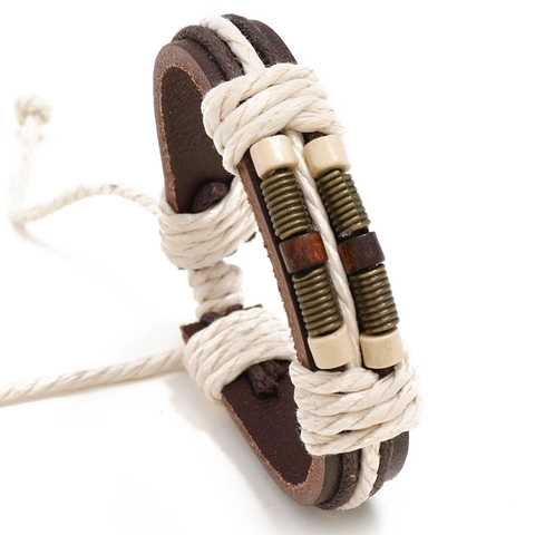 Handmade Braided Cowhide Leather Bracelet For Men Women Vintage Ethnic Style Hemp Rope Alloy Charm Adjustable Wristband Jewelry