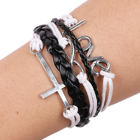 Bracciale in Pelle PU Intrecciata Multistrato Vintage Ciondoli Croce Infinito Love Lega Punk Style Wrap Polsino Unisex Gioielli