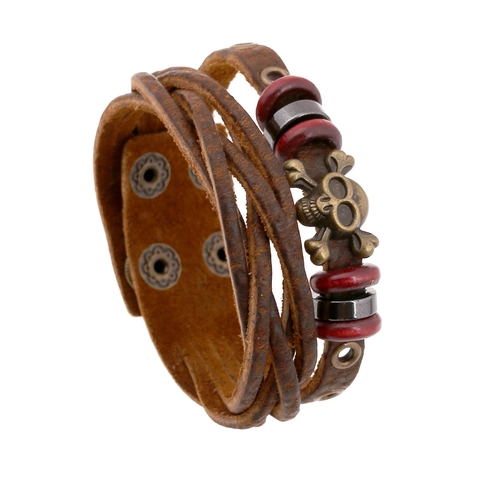 Pulsera de Cuero de Vaca Tejida de Varias Capas Vintage para Hombres Mujeres Punk Rock Calavera de Bronce Joyería de Motociclista Regalo