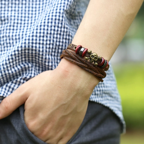 Pulsera de Cuero de Vaca Tejida de Varias Capas Vintage para Hombres Mujeres Punk Rock Calavera de Bronce Joyería de Motociclista Regalo
