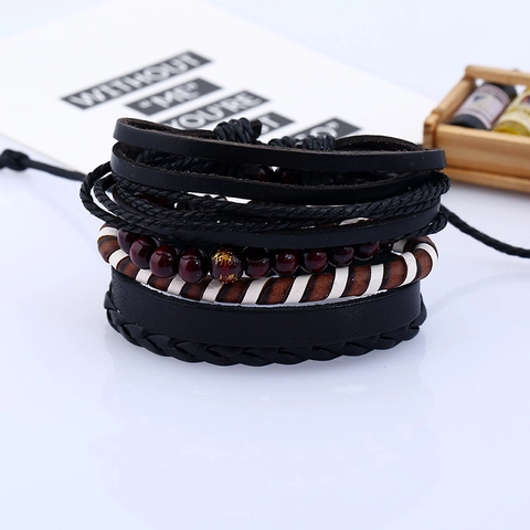 Vintage Herren Geflochtene Rindsleder Armbänder Mehrlagig Holzperlen Hanfseil Punk Böhmisch Wickelarmband Schmuck