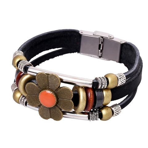 Pulsera de Cuero Auténtico Vintage con Dije de Girasol de Aleación Multicapa Trenzada de Cuentas Punk Étnica Joyería para Hombre Mujer