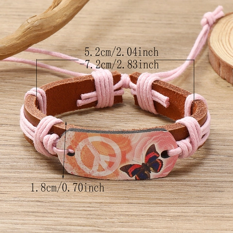 Punk Retro Handmade Braided Leather Bracelet For Women Peace Sign Butterfly Pattern Adjustable Bohemian Jewelry Gift