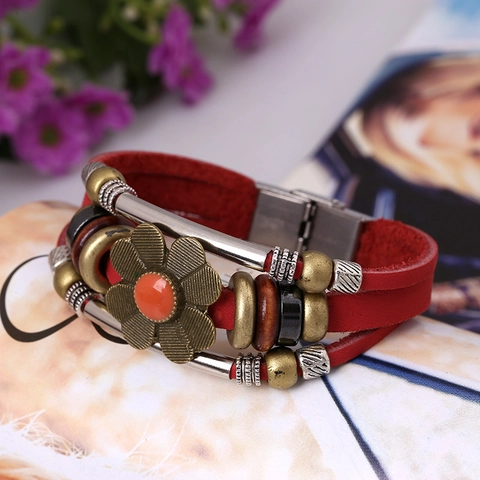 Pulsera de Cuero Auténtico Vintage con Dije de Girasol de Aleación Multicapa Trenzada de Cuentas Punk Étnica Joyería para Hombre Mujer