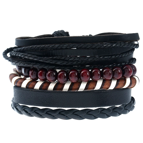Vintage Herren Geflochtene Rindsleder Armbänder Mehrlagig Holzperlen Hanfseil Punk Böhmisch Wickelarmband Schmuck
